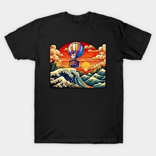 Sunset Wave Art Hot Air Balloon Japanese Cat Meme T-Shirt